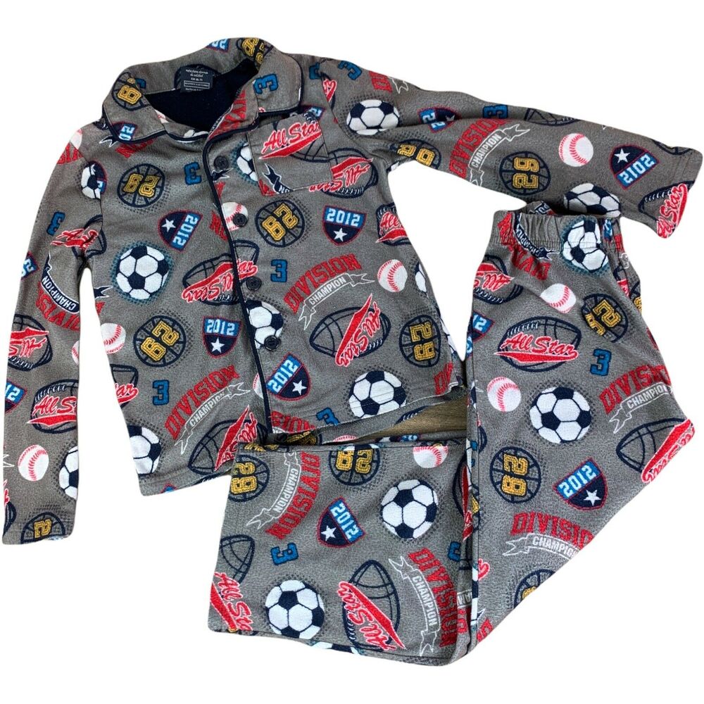 Faded Glory Boys 2 Pc Set Pajamas Size 6-7 Gray Sports Long Sleeve Button Up